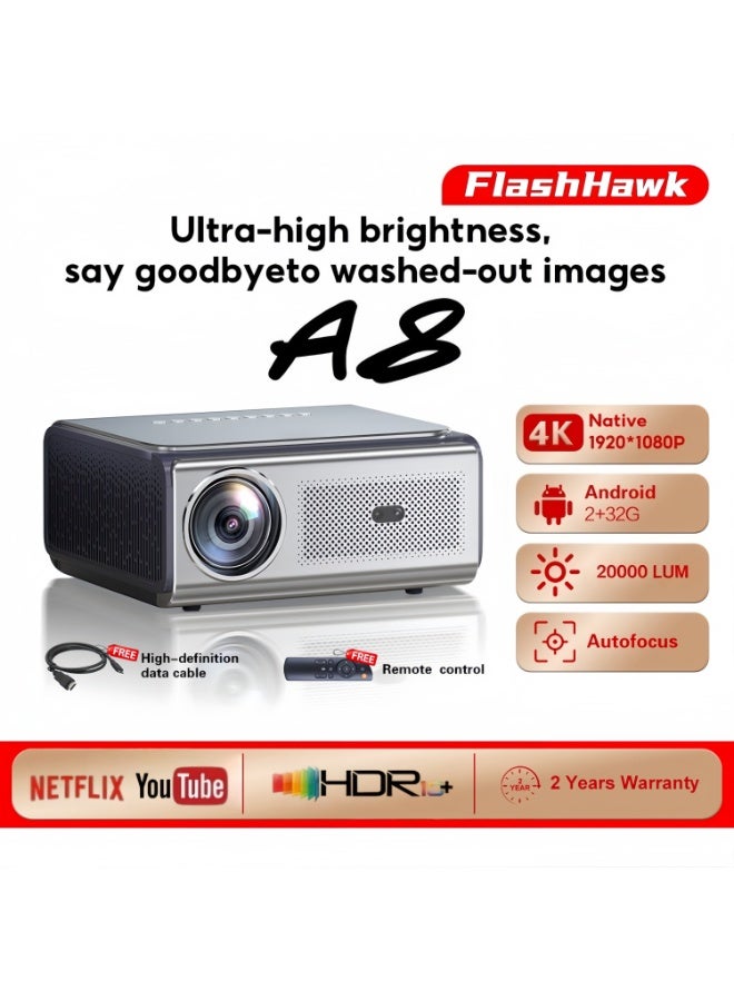 FlashHawk Smart 4K Projector For Office Home Theater, 20000 Lumens High Brightness,Built-in Official Apps, 3D Audio, Autofocus / YouTube PrimeVideo Proyector,2+32G Storage - Image 1