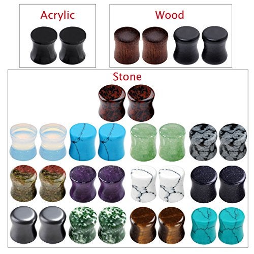 PiercingJ Acrylic Wood Mixed Stone Plugs 16 Pairs32 Pieces Set Ear Plugs Ear Tunnels Ear Gauges Double Flared Ear Expander Stretcher Set - Image 3
