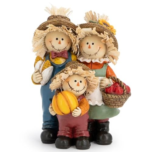 Hodao Thanksgiving Decorations for Table Resin Fall Thanksgiving Scarecrow Family Figurine with Pumpkin Corn Apple Basket Festive Gift for Autumn Home Decor - Image 1