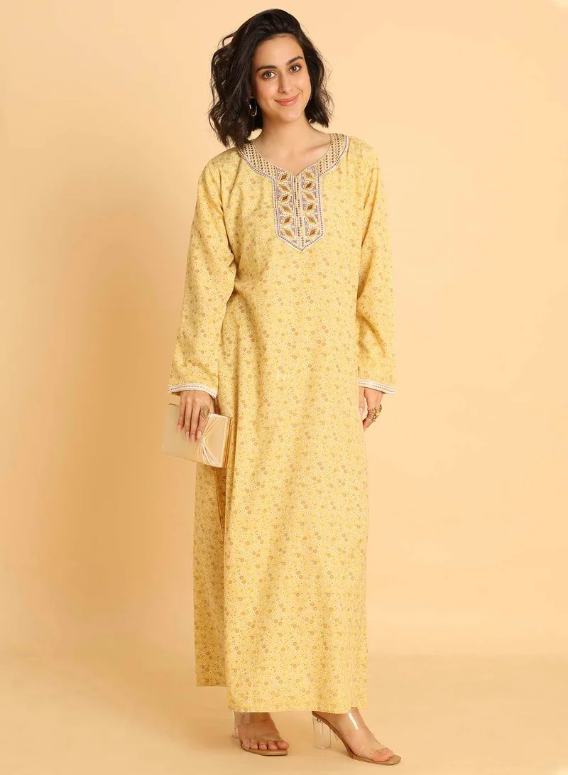 HANA & SARA Traditional Arabic Jalabiya Dress - Bright Yellow with Detailed Embroidery