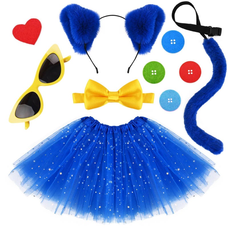 JcHrmers 6 Pcs Blue Cat Costume Include Headband,Tutu Skirt,Bowtie,Fur Tail,Sticker and Glasses for Women Halloween Party Dress Up (Kid) - Image 1
