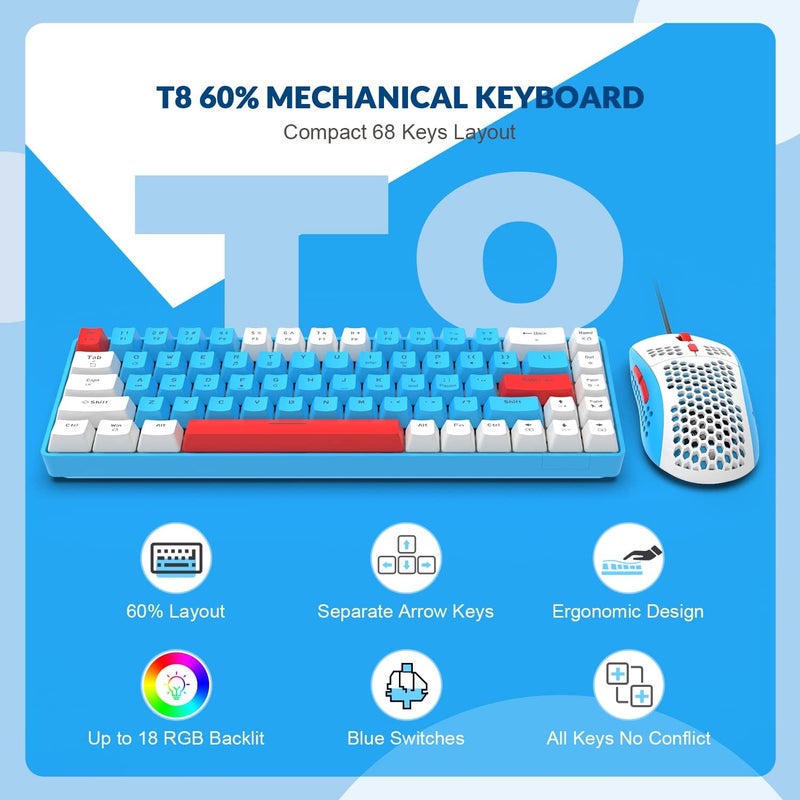 LexonElec 60% RGB Gaming Keyboard and Mouse Combo,Wired Mechanical Keyboard,68 Keys TKL Compact Mini Layout,Honeycomb Gaming Mouse,Up to 6400DPI,for PC MAC PS5 Xbox,(Pink) - Image 2