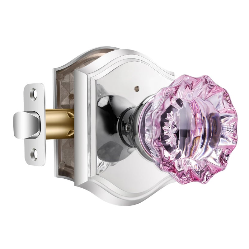 CLCTK Pink Glass Door Knobs Interior with Lock Polished Chrome Crystal Vintage Privacy Door Knobs for Bedroom Bathroom 1 Pack - Image 2