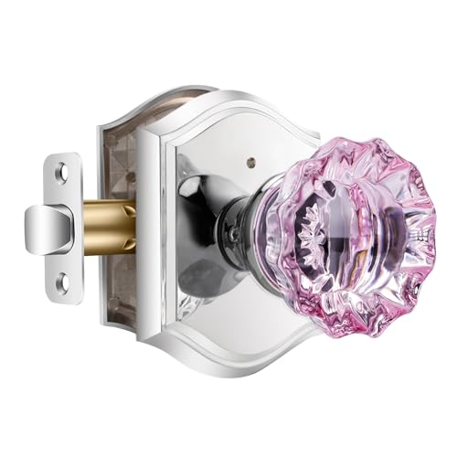 CLCTK Pink Glass Door Knobs Interior with Lock Polished Chrome Crystal Vintage Privacy Door Knobs for Bedroom Bathroom 1 Pack - Image 1