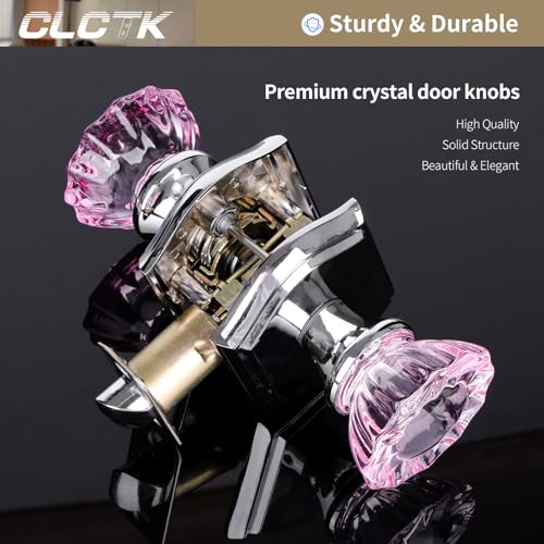 CLCTK Pink Glass Door Knobs Interior with Lock Polished Chrome Crystal Vintage Privacy Door Knobs for Bedroom Bathroom 1 Pack - Image 3