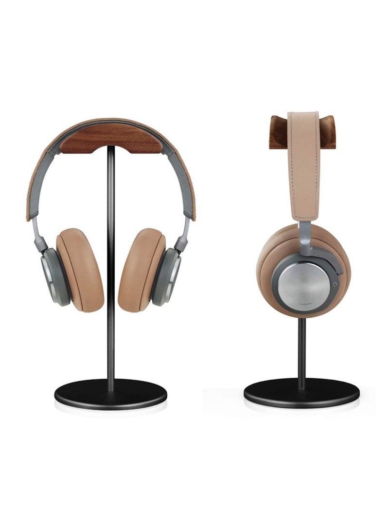 KASTWAVE رف سماعة الرأس، حامل سماعة من خشب الجوز والألمنيوم، حامل سماعة ألعاب من خشب الجوز الطبيعي مع قاعدة ثقيلة ثابتة لتخزين جميع أحجام السماعات على المكتب (أسود) - Image 2