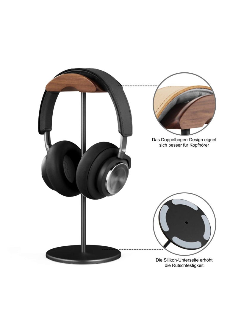 KASTWAVE رف سماعة الرأس، حامل سماعة من خشب الجوز والألمنيوم، حامل سماعة ألعاب من خشب الجوز الطبيعي مع قاعدة ثقيلة ثابتة لتخزين جميع أحجام السماعات على المكتب (أسود) - Image 3
