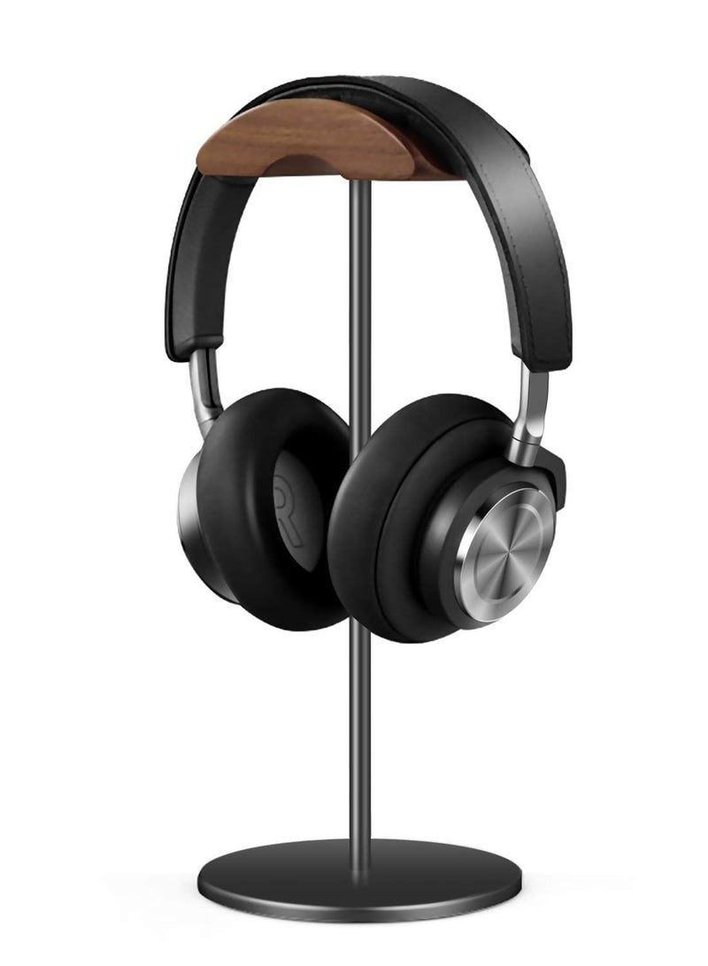 KASTWAVE رف سماعة الرأس، حامل سماعة من خشب الجوز والألمنيوم، حامل سماعة ألعاب من خشب الجوز الطبيعي مع قاعدة ثقيلة ثابتة لتخزين جميع أحجام السماعات على المكتب (أسود) - Image 1