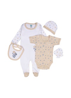 Babies Basic 5 Piece Unisex 100% Cotton Gift Set Include Bib, Romper, Mittens, Cap And Sleepsuit/Jumpsuit  - Image 1