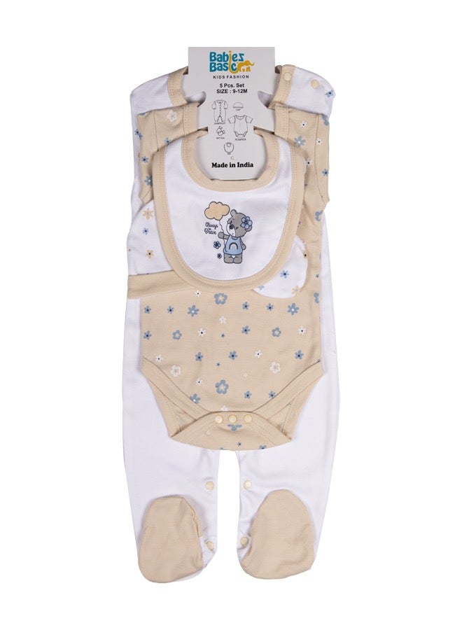 Babies Basic 5 Piece Unisex 100% Cotton Gift Set Include Bib, Romper, Mittens, Cap And Sleepsuit/Jumpsuit  - Image 5