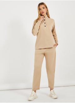 Snap Button Placket Sweatshirt & Cuffed Joggers Co-Ords