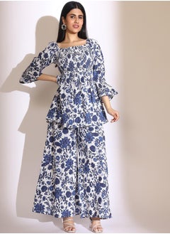 ISHIN Aline Fit Self Design Pattern Square Neck Neck 3/4 sleeve Indigo Blue Colour Woven Cotton Co-Ords Set for Women with Semi Elastic Closure - Elevate Your Fashion Game  - Image 1