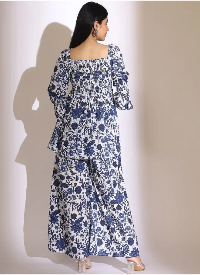 ISHIN Aline Fit Self Design Pattern Square Neck Neck 3/4 sleeve Indigo Blue Colour Woven Cotton Co-Ords Set for Women with Semi Elastic Closure - Elevate Your Fashion Game