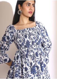 ISHIN Aline Fit Self Design Pattern Square Neck Neck 3/4 sleeve Indigo Blue Colour Woven Cotton Co-Ords Set for Women with Semi Elastic Closure - Elevate Your Fashion Game  - Image 2