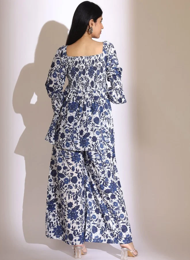 ISHIN Women's Indigo Blue 100% Cotton Self Design A-Line Co Ords