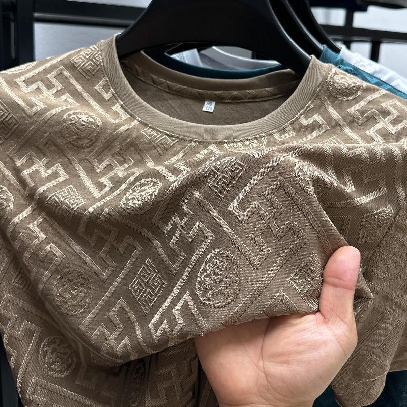 Ice Silk Short-Sleeved Men'S T-Shirt Summer High-End Fashion Youth Elastic Plus Size Top Clothes Slim-Fit Jacquard Breathable T-Shirt - Image 3