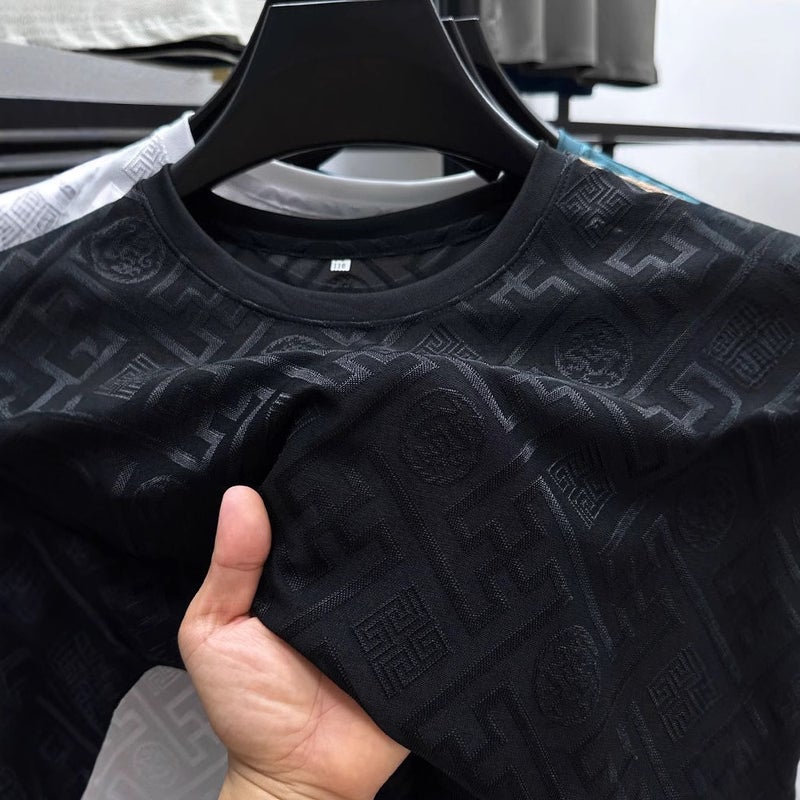 Ice Silk Short-Sleeved Men'S T-Shirt Summer High-End Fashion Youth Elastic Plus Size Top Clothes Slim-Fit Jacquard Breathable T-Shirt - Image 2