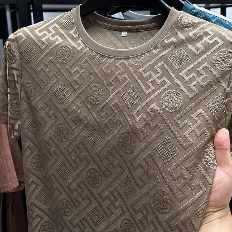 Ice Silk Short-Sleeved Men'S T-Shirt Summer High-End Fashion Youth Elastic Plus Size Top Clothes Slim-Fit Jacquard Breathable T-Shirt - Image 1