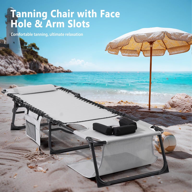 Unovivy Tanning Chairs with Face Hole Set of 2, Teslin Folding Outdoor Lounge Chair with 5-Position Reclining Back for Sunbathing, Pool, Patio, Camping - Image 3