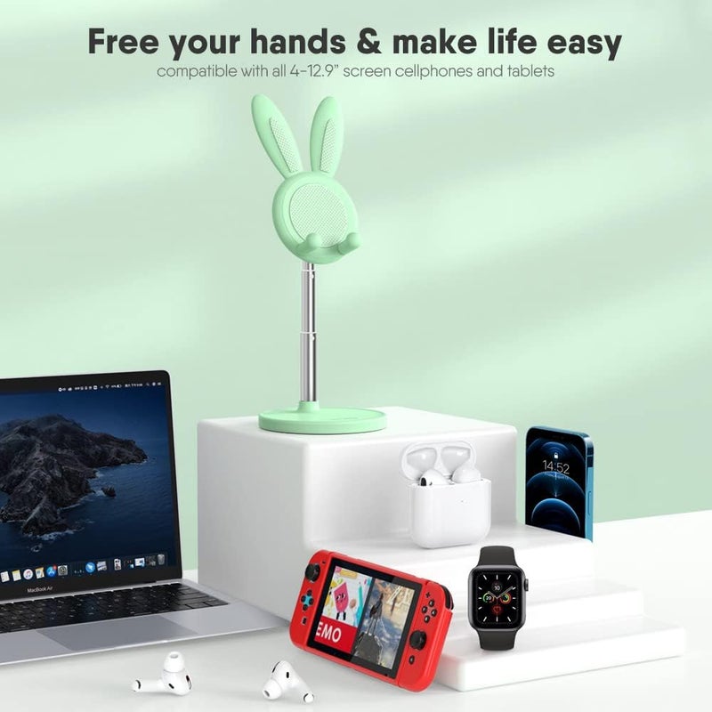 Oatsbasf Cell Phone Stand, Adjustable Cute Bunny Phone Stand for Desk, Kawaii Phone Holder Stand, Compatible with All Mobile Phones, iPhone, Kindle, Switch (Green) - Image 2