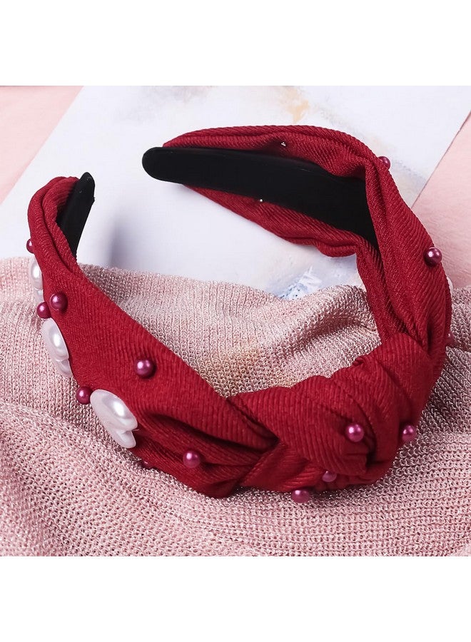 Doneace Valentine'S Day Knotted Headband For Women Red Heart Pearl Twisted Hairbands Jeweled Rhinestone Crystal Wide Top Knot Headbands Cute Fashion Valentine’S Day Hair Accessories Holiday Gifts - Image 3