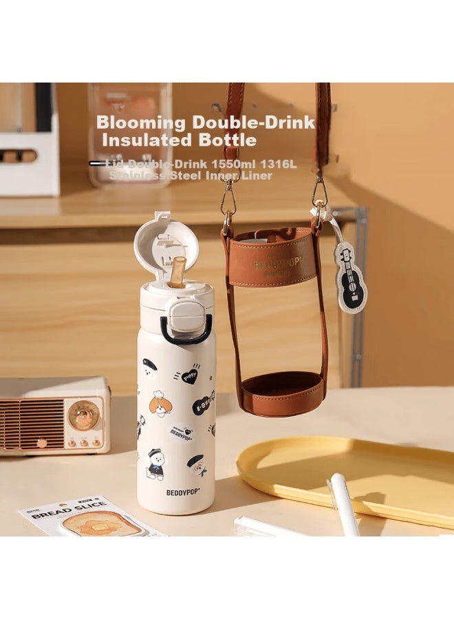 Beddybear Blooming Double Drink Insulated Bottle Women's Portable Cup Sleeve Straw Water Bottle Large Capacity Student Cup 550ml Ocean Dog - Image 4