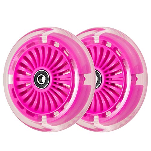WHEELGOO 120mm 3-Wheeled Scooter Front LED Light Up Replacement Wheels, Kid Push Kick Scooter Flashing Wheel Set (Pair) (Pink) - Image 1