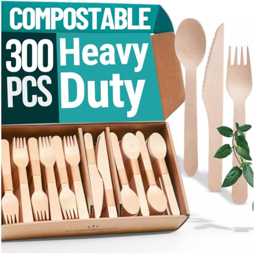 EarthClusive 300pcs Disposable Wooden Cutlery Set (150 Forks, 100 Spoons, 50 Knives) Our Heavy Duty Compostable Wood Utensils is FSC Certified Protecting Forests. Zero Plastic Cutlery For Any Occasion - Image 2