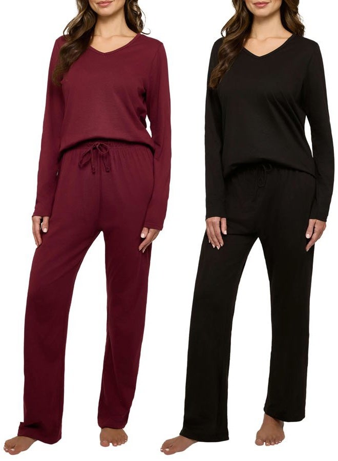 REALESSENTIALS 2 Pack Women's Soft Cotton Long Sleeve Pajama Set with Pants - Lounge Sets for Women (Available In Plus), Set 8, S - Image 1