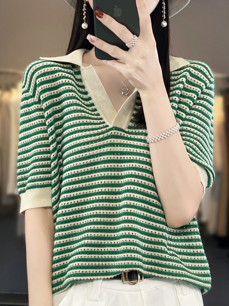 Summer Thin Worsted Wool Striped Short-sleeved Women's V-neck T-shirt Colorblock Lapel Half-sleeved Loose Age-reducing Knitted Top - Image 1
