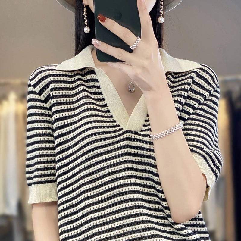 Summer Thin Worsted Wool Striped Short-sleeved Women's V-neck T-shirt Colorblock Lapel Half-sleeved Loose Age-reducing Knitted Top - Image 5