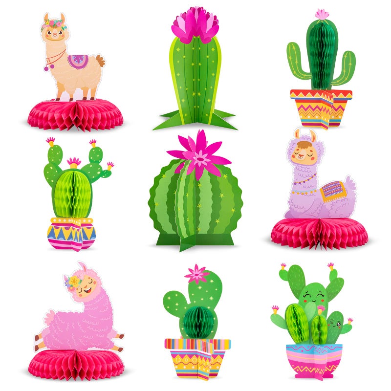 Whaline 9Pcs Summer Llama Cactus Honeycomb Centerpiece Kit 3D Cactus Alpaca Paper Table Topper Mexican Theme Fiesta Party Table Decoration for Summer Birthday Hawaiian Luau Baby Shower Photography - Image 3