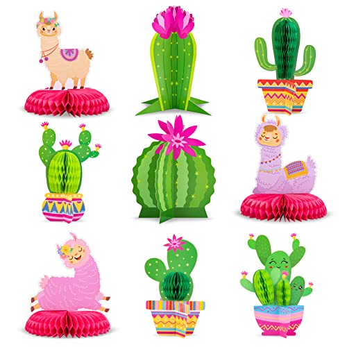 Whaline 9Pcs Summer Llama Cactus Honeycomb Centerpiece Kit 3D Cactus Alpaca Paper Table Topper Mexican Theme Fiesta Party Table Decoration for Summer Birthday Hawaiian Luau Baby Shower Photography - Image 1