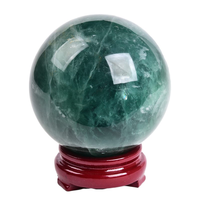 JIC Gem Big Green Fluorite Crystal Ball Sphere Decorative Ball with Wooden Stand for MeditationFengshuiHome Decors Healing Crystal Ball 90100mm