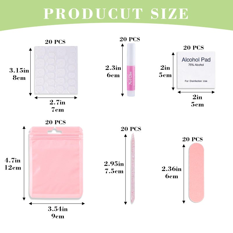 Bebbtiy Press On Nail Tool Kit with Everything, Bebbtiy Nail Prep Tool Disposable Manicure Kit with Nail File, Nail Glue, Prep Pads, Adhesive Nail Tabs,Wood Stick, Packaging Bag (20pcs-pink) - Image 4