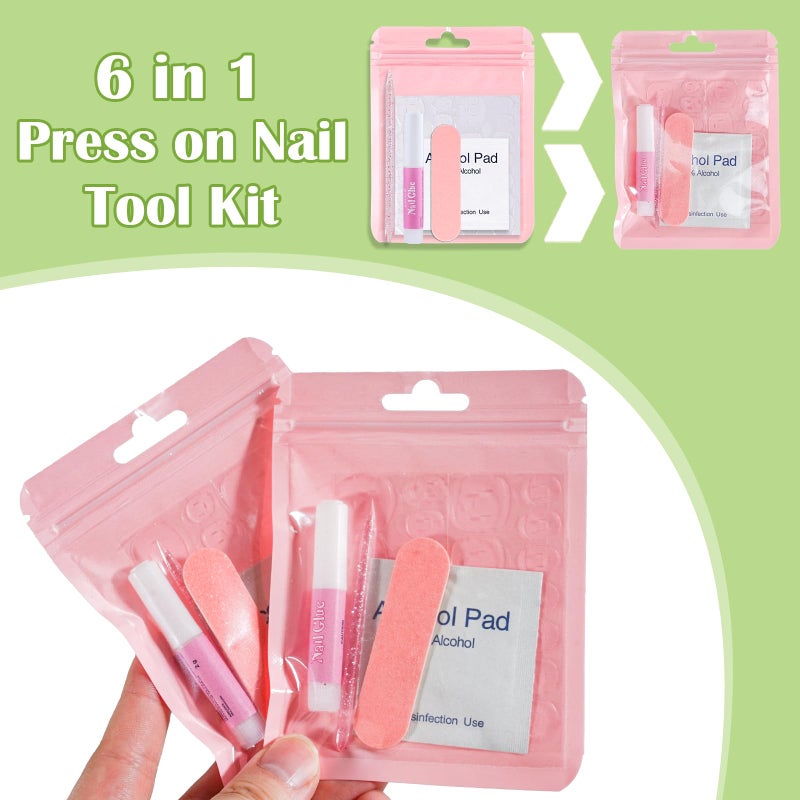 Bebbtiy Press On Nail Tool Kit with Everything, Bebbtiy Nail Prep Tool Disposable Manicure Kit with Nail File, Nail Glue, Prep Pads, Adhesive Nail Tabs,Wood Stick, Packaging Bag (20pcs-pink) - Image 2