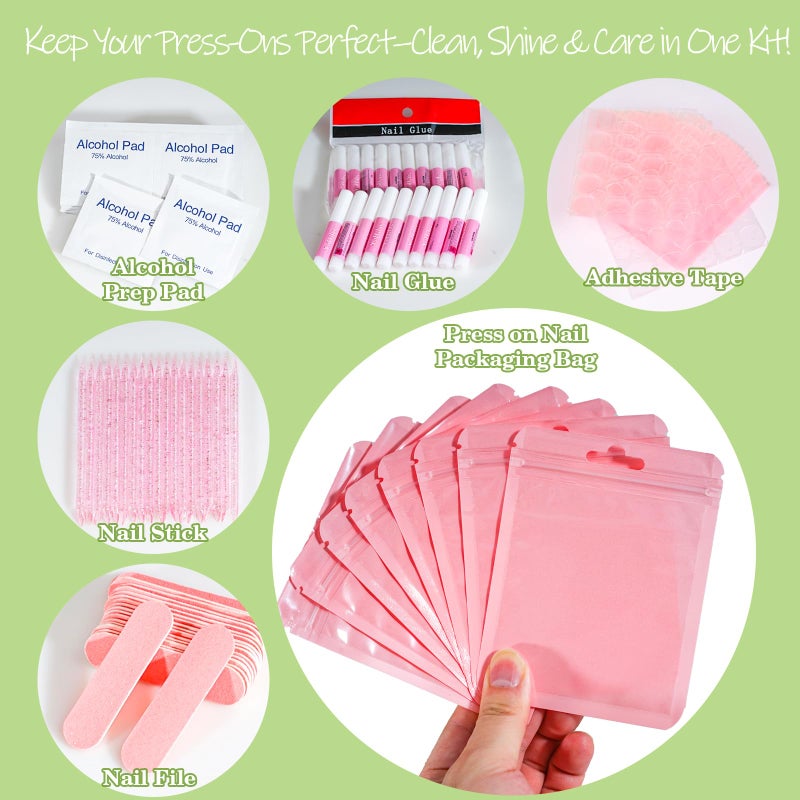 Bebbtiy Press On Nail Tool Kit with Everything, Bebbtiy Nail Prep Tool Disposable Manicure Kit with Nail File, Nail Glue, Prep Pads, Adhesive Nail Tabs,Wood Stick, Packaging Bag (20pcs-pink) - Image 3