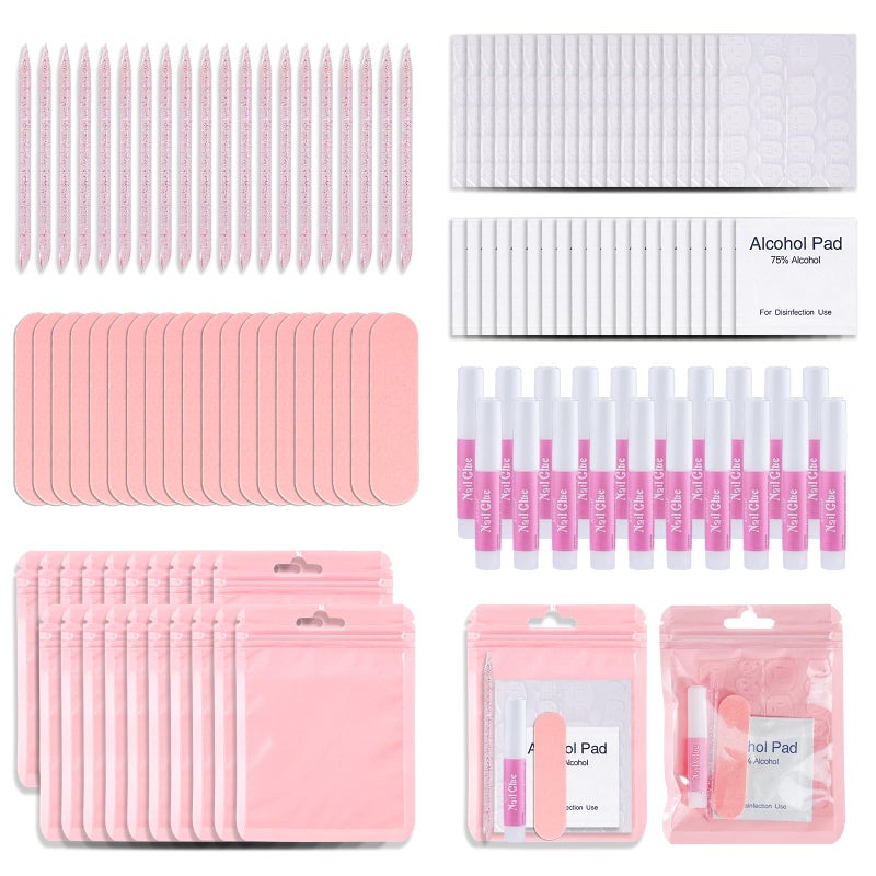 Bebbtiy Press On Nail Tool Kit with Everything, Bebbtiy Nail Prep Tool Disposable Manicure Kit with Nail File, Nail Glue, Prep Pads, Adhesive Nail Tabs,Wood Stick, Packaging Bag (20pcs-pink) - Image 1