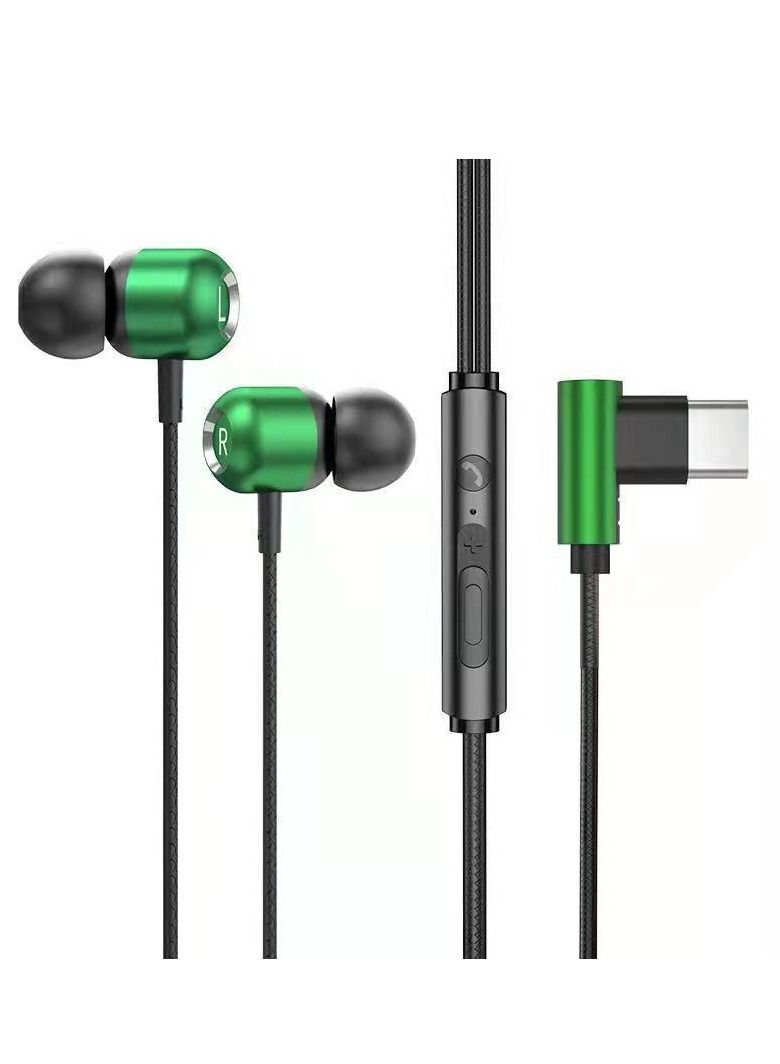 New L-shaped wire-controlled wired sports game headset metal type-c in-ear headset mobile phone ipad green - Image 1