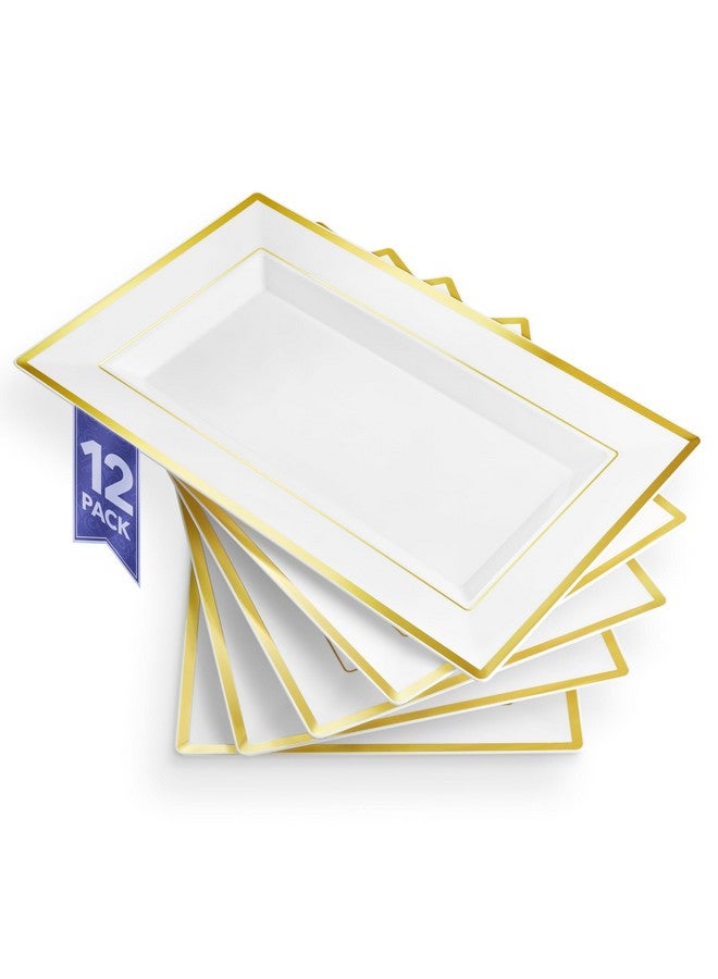 Stock Your Home (12 Pcs) Premium White and Gold Plastic Serving Tray, Plastic Serving Platter Disposable, White Rectangle Party Trays and Platters for Fruit, Dessert, Cookies, Appetizers, Holiday Parties - Image 1