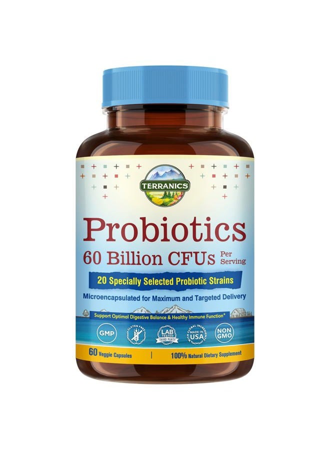 Terranics Probiotics 60 Billion CFU, 20 Strains, 60 Veg Capsules, Prebiotics & Probiotics, Shelf Stable Probiotic Supplement for Men & Women, Digestive & Immune Health, Non-GMO, NO Soy, Dairy & Gluten - Image 1