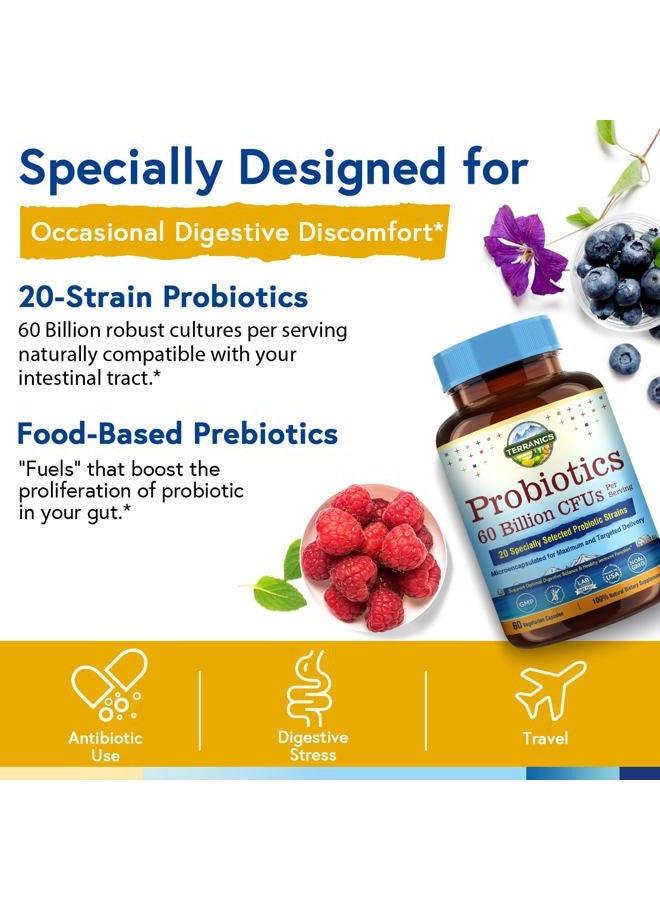 Terranics Probiotics 60 Billion CFU, 20 Strains, 60 Veg Capsules, Prebiotics & Probiotics, Shelf Stable Probiotic Supplement for Men & Women, Digestive & Immune Health, Non-GMO, NO Soy, Dairy & Gluten - Image 5