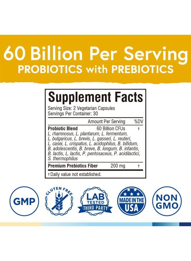 Terranics Probiotics 60 Billion CFU, 20 Strains, 60 Veg Capsules, Prebiotics & Probiotics, Shelf Stable Probiotic Supplement for Men & Women, Digestive & Immune Health, Non-GMO, NO Soy, Dairy & Gluten - Image 2