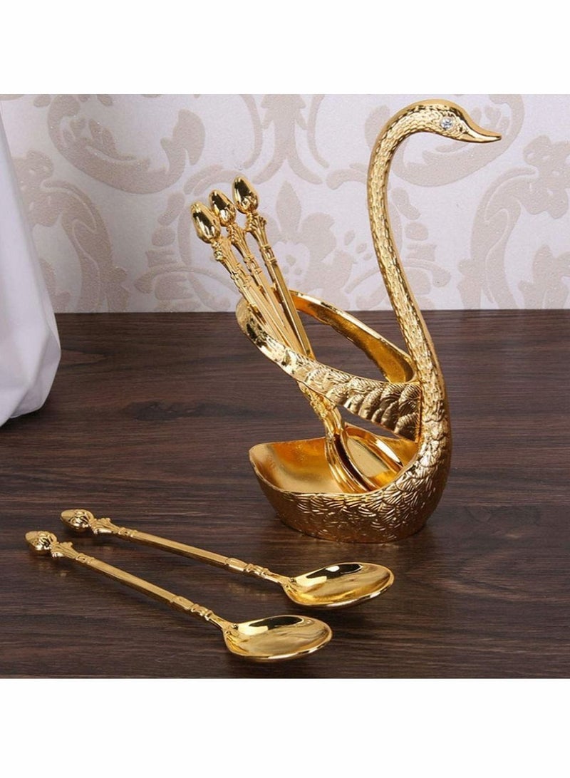 Coffee Spoon Kit with Zinc Alloy Swan Shape Holder and 6 Piece Stainless Steel Coffee Spoon Food Spoon Set for Cake Salad Cocktail Dessert Marshmallow (Gold)