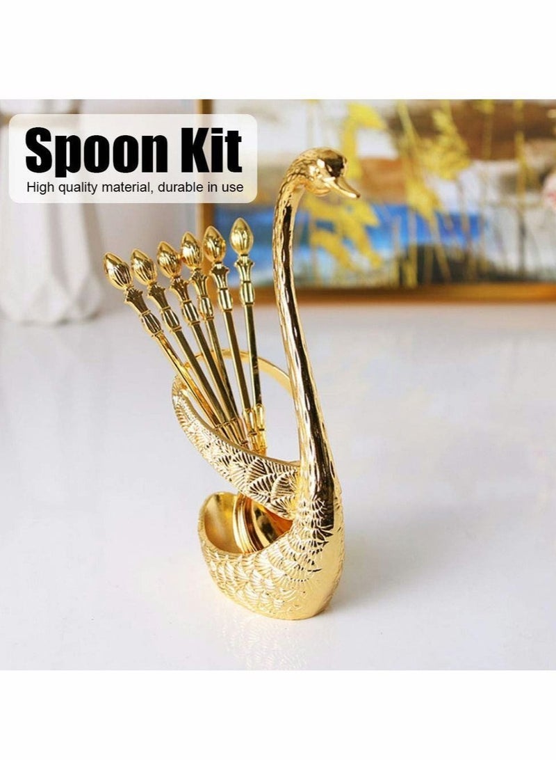 Coffee Spoon Kit with Zinc Alloy Swan Shape Holder and 6 Piece Stainless Steel Coffee Spoon Food Spoon Set for Cake Salad Cocktail Dessert Marshmallow (Gold)