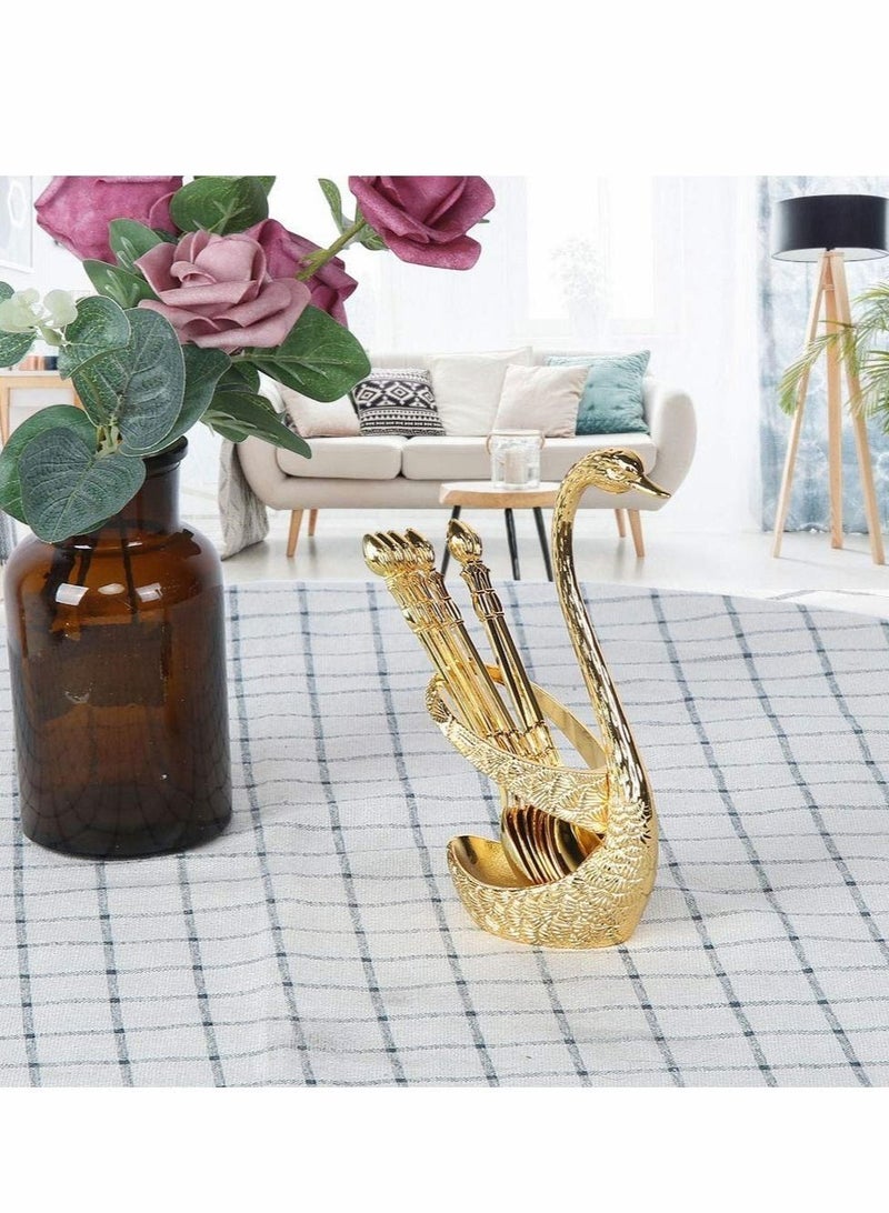 Coffee Spoon Kit with Zinc Alloy Swan Shape Holder and 6 Piece Stainless Steel Coffee Spoon Food Spoon Set for Cake Salad Cocktail Dessert Marshmallow (Gold)
