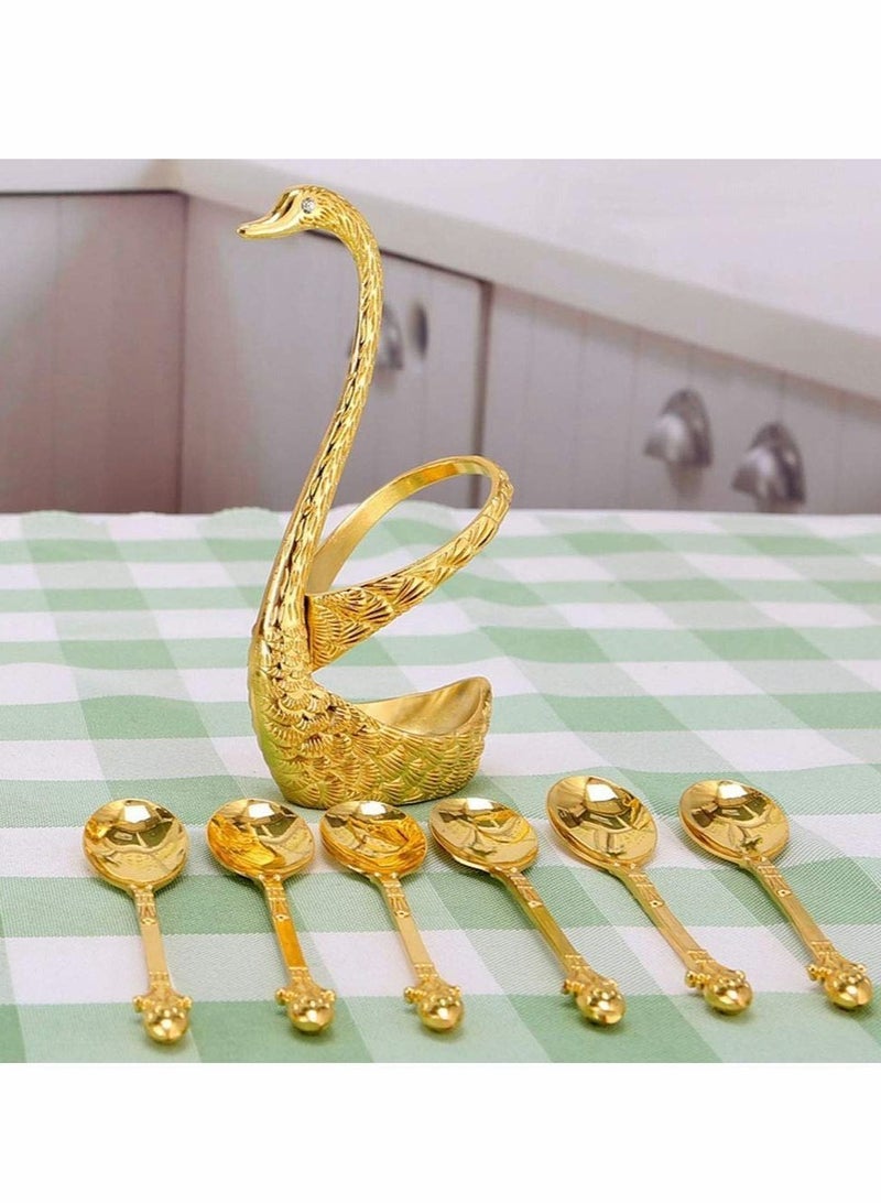 Coffee Spoon Kit with Zinc Alloy Swan Shape Holder and 6 Piece Stainless Steel Coffee Spoon Food Spoon Set for Cake Salad Cocktail Dessert Marshmallow (Gold)