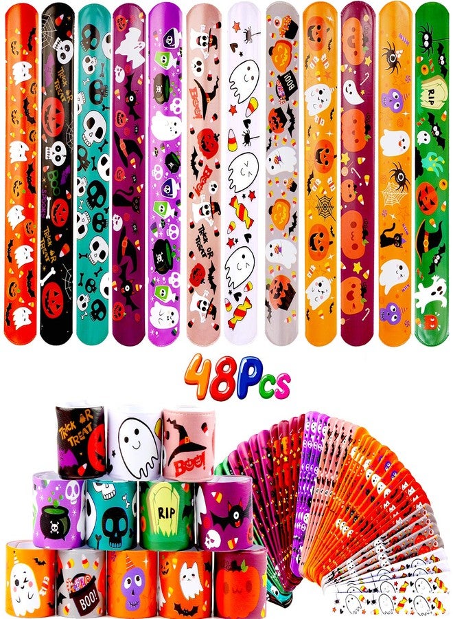 VEYLIN 48 Pieces Halloween Slap Bracelets for Kids, 12 Styles Snap Bracelets Bulk Halloween Giveways for Kids Slap Bracelets Party Favors - Image 1