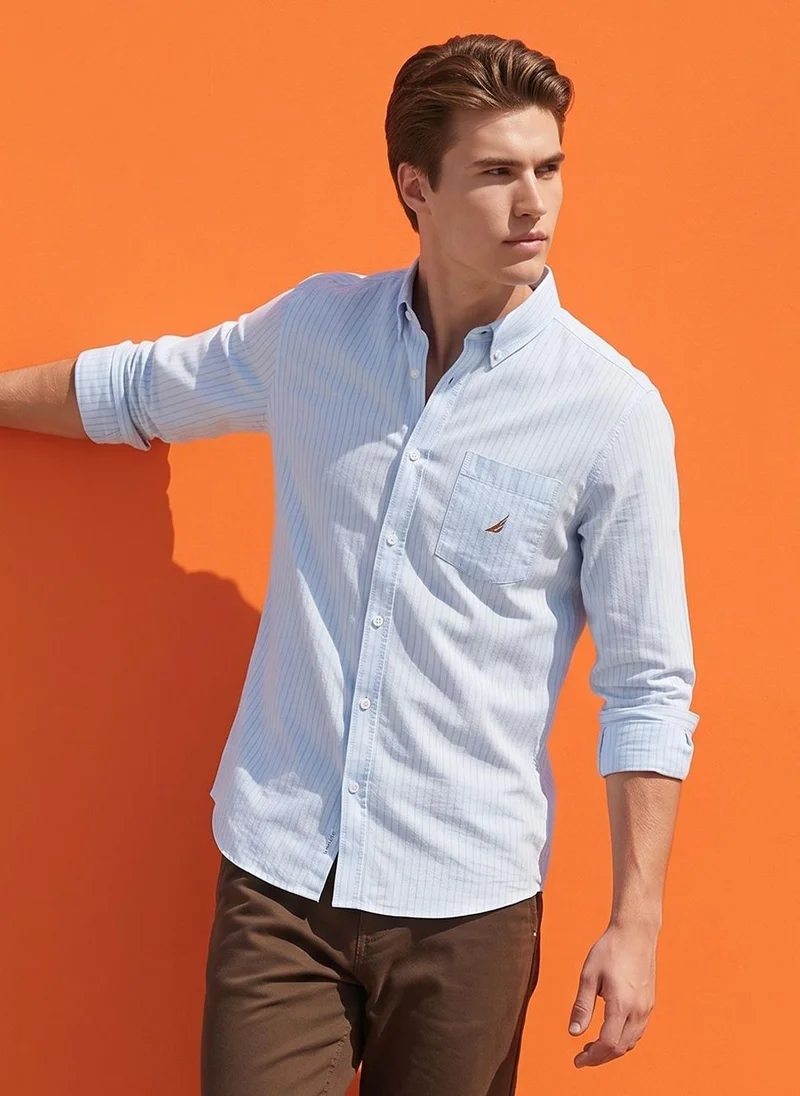 نوتيكا Men Light Blue Striped Cotton Linen Regular Fit Shirt