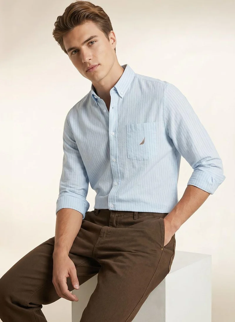 نوتيكا Men Light Blue Striped Cotton Linen Regular Fit Shirt